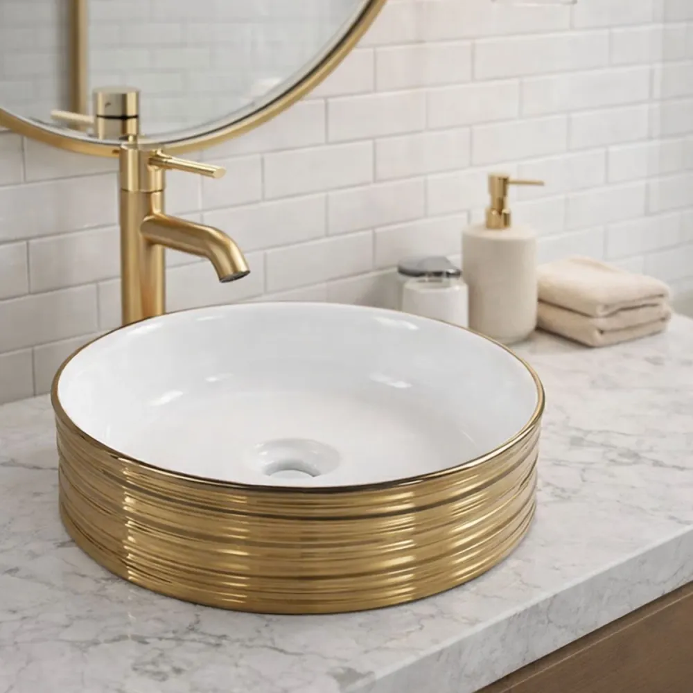 Lavamanos Barsu Sobreponer Blanco Dorado 39 x 39 x 13 cm BARU