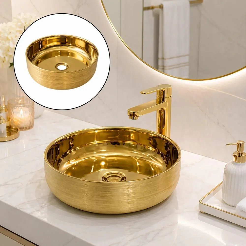 Lavamanos Redondo Dorado Tipo Vessel 36.5 cm | Lavabo Sobreponer Baño Moderno de Lujo BARU