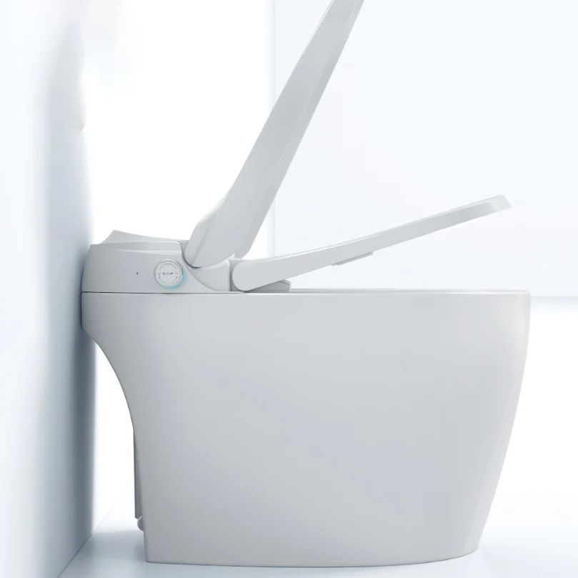 Asiento de inodoro electrónico en color blanco, bidé alargado para fijación al suelo con asiento calefactable Clearhalo