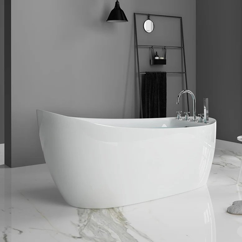 Bañera acrílica independiente con drenaje emergente, ovalada, moderna, para baño derecho Blanco Clearhalo