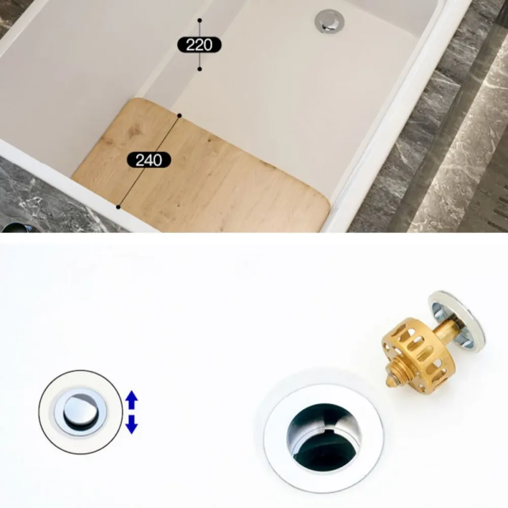 Bañera integrada de acrílico blanco moderno con bañera de drenaje y placa base de madera maciza Clearhalo