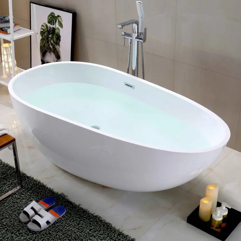 Bañera ovalada de acrílico blanco, bañera de inmersión independiente con desagüe central Clearhalo