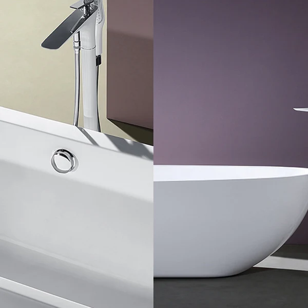 Baño ovalado moderno, bañera independiente de acrílico blanco de espaldas la pared Clearhalo