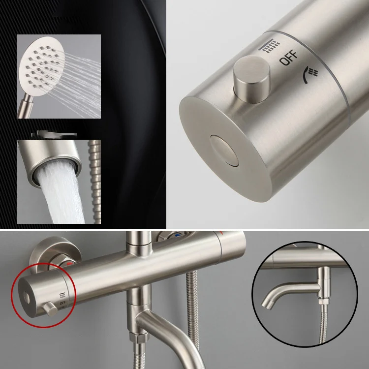 Conjunto de ducha moderno, combinación de ducha montada en la pared con control de temperatura de acero inoxidable Plata C...