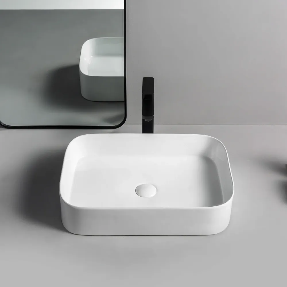 Fregadero de baño moderno de porcelana rectangular con lavabo de drenaje emergente Clearhalo