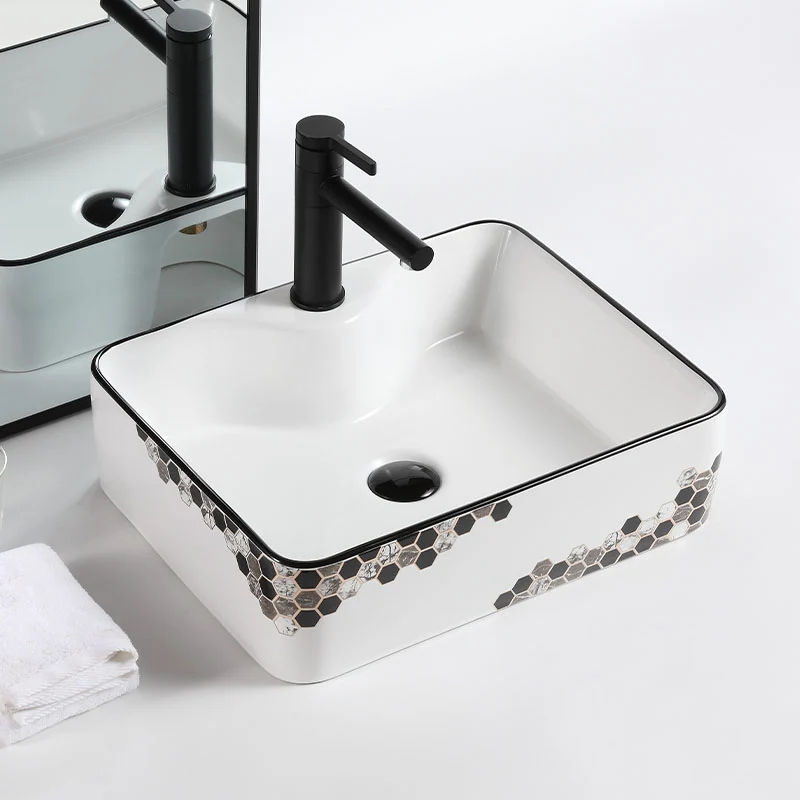 Fregadero de baño de recipiente moderno, porcelana rectangular con fregadero de lavabo de recipiente de drenaje emergente...