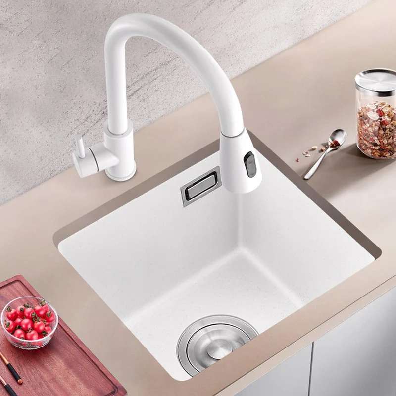Fregadero de cocina rectangular blanco con grifo, fregadero de cuarzo de un solo cuenco Clearhalo