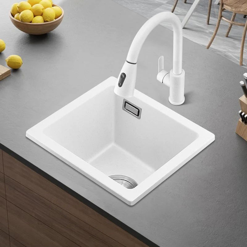Fregadero de cocina rectangular blanco con grifo, fregadero de cuarzo de un solo cuenco Clearhalo