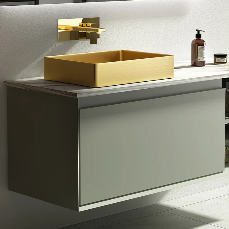 Fregadero de recipiente moderno rectangular de metal con fregadero de baño de recipiente de drenaje emergente Clearhalo