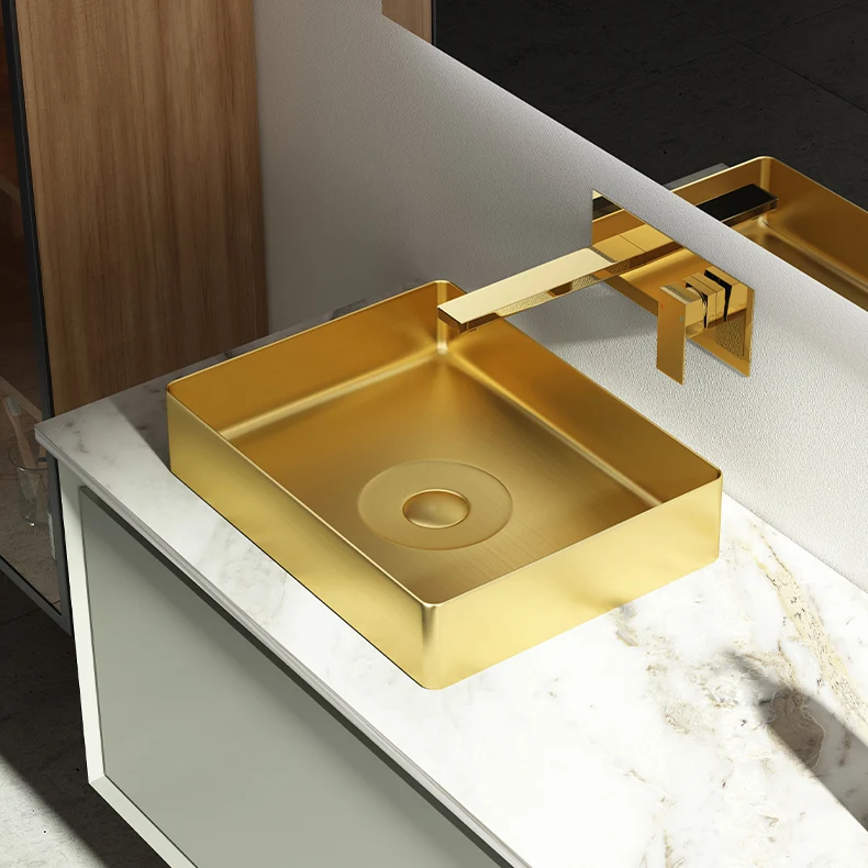 Fregadero de recipiente moderno rectangular de metal con fregadero de baño de recipiente de drenaje emergente Clearhalo