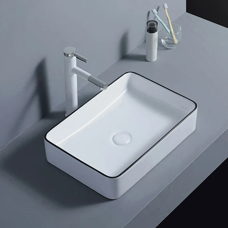 Lavabo de baño moderno con un solo orificio para grifo, lavabo de baño de recipiente rectangular de porcelana Clearhalo