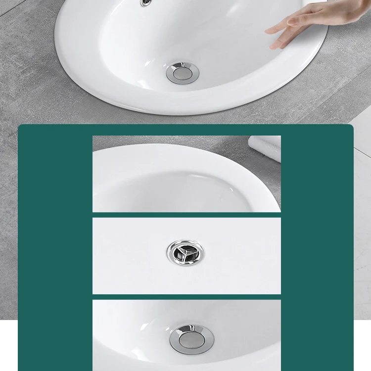 Soporte de lavado tradicional de porcelana de forma ovalada con lavabo de baño con recipiente de drenaje emergente Clearhalo