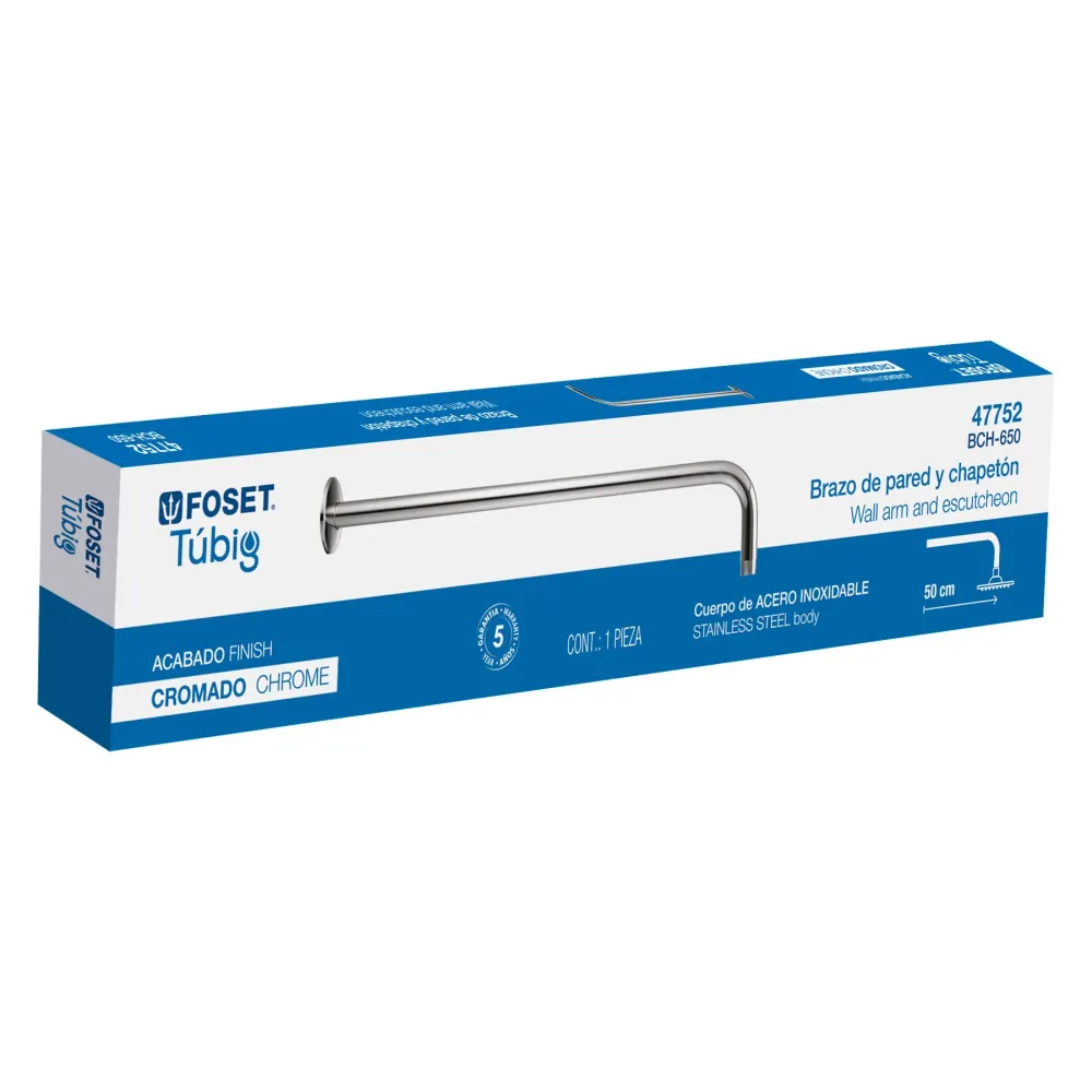 Brazo recto 50 cm con chapetón para regadera, cromo, Foset