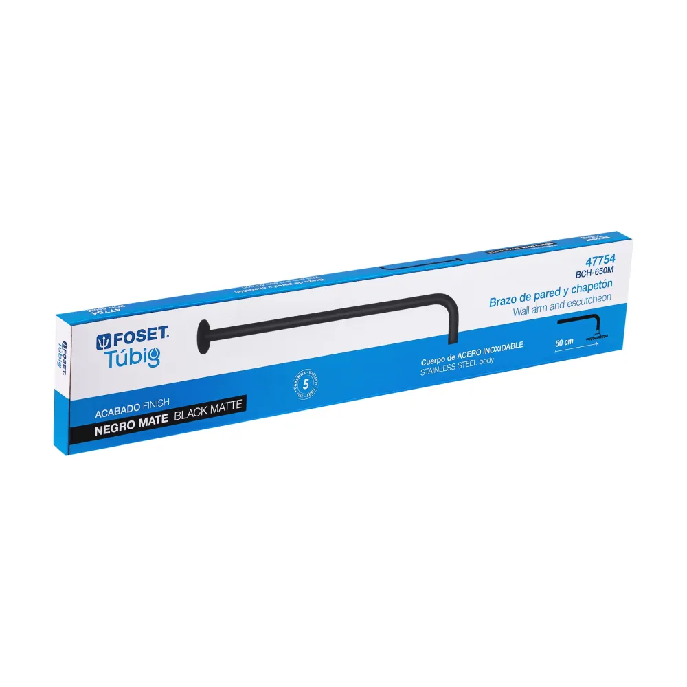 Brazo recto 50 cm con chapetón para regadera, negro mate Foset