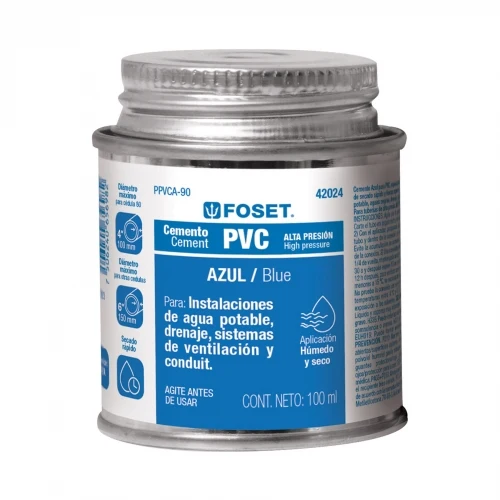 Cemento azul para PVC en bote de 90 ml, alta presión, Foset 42024 PPVCA-90