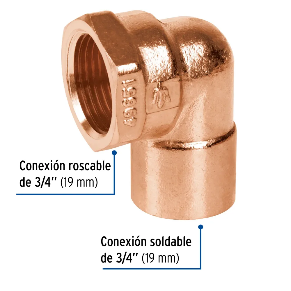 Codo 90∞ de cobre, rosca interior 3/4", Foset
