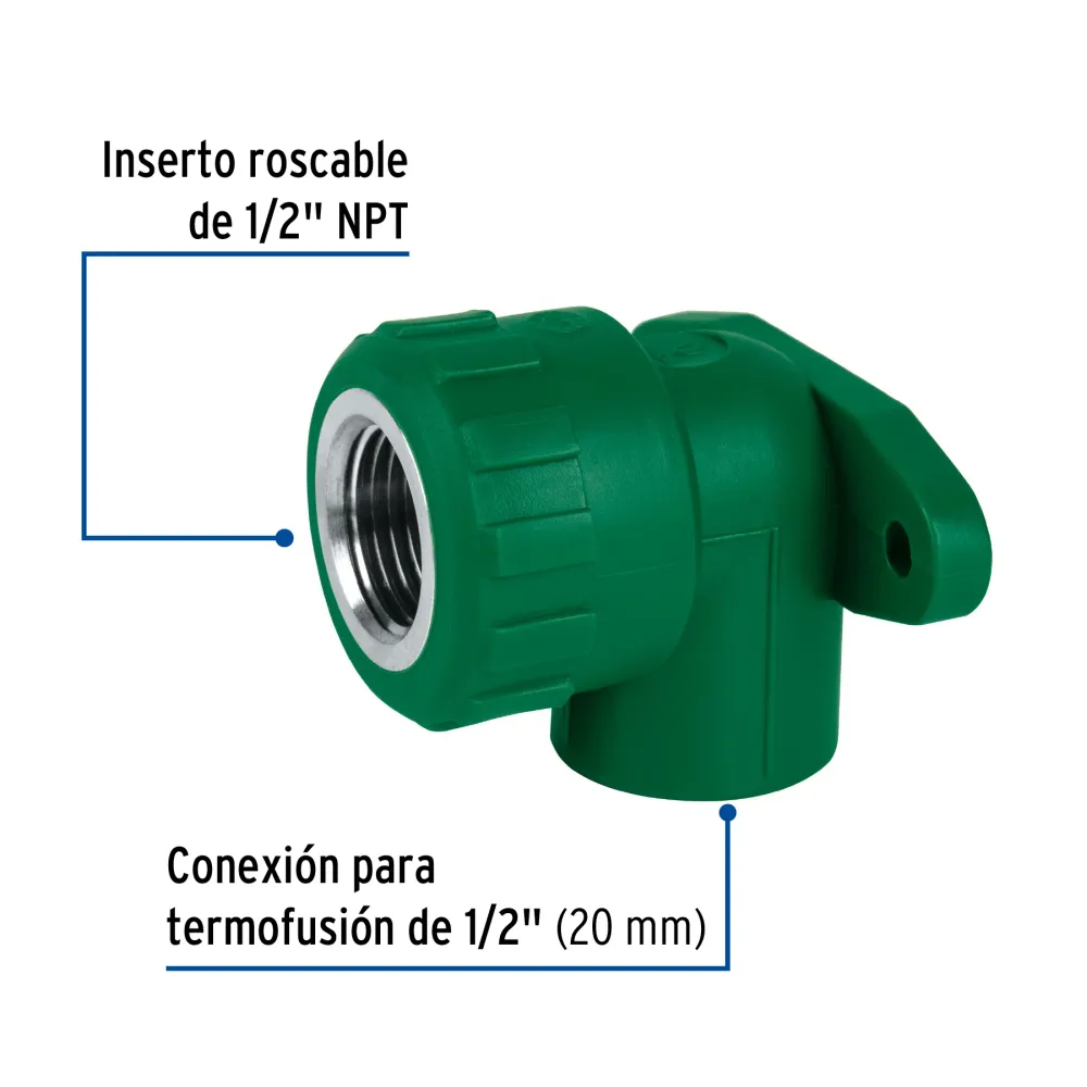 Codo oreja 90∞ PPR, 1/2", hembra con inserto metálico, Foset