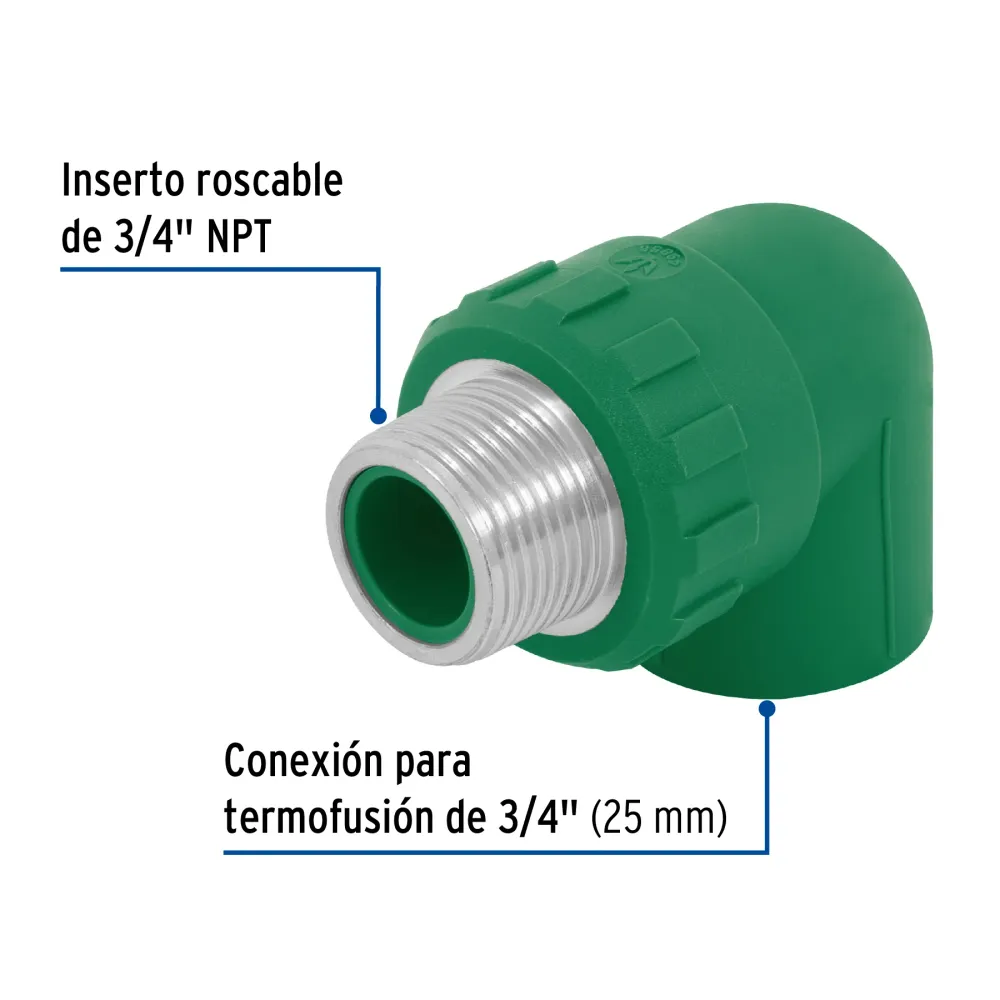 Codo 90∞ PPR, 3/4", rosca macho con inserto metálico, Foset