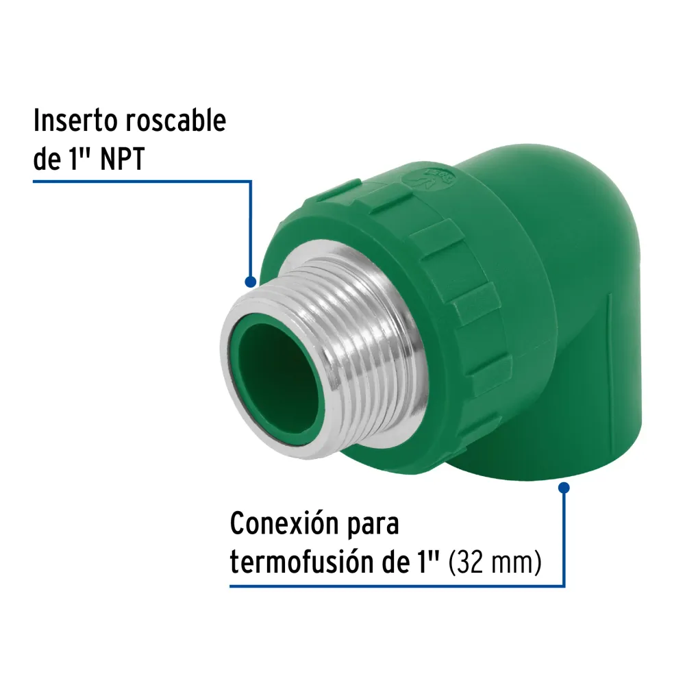 Codo 90∞ PPR, 1", rosca macho con inserto metálico, Foset