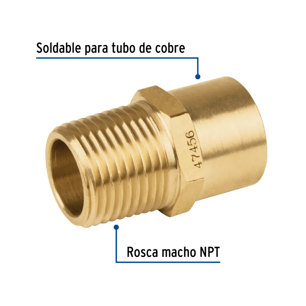 Conector NPT soldable de latón, 1/2" X 3/8", Foset