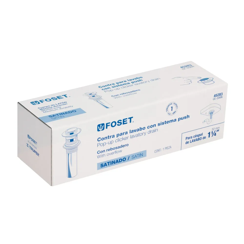 Contra p/lavabo con rebosadero, sistema push, satín, 1-1/4' 45283 Foset