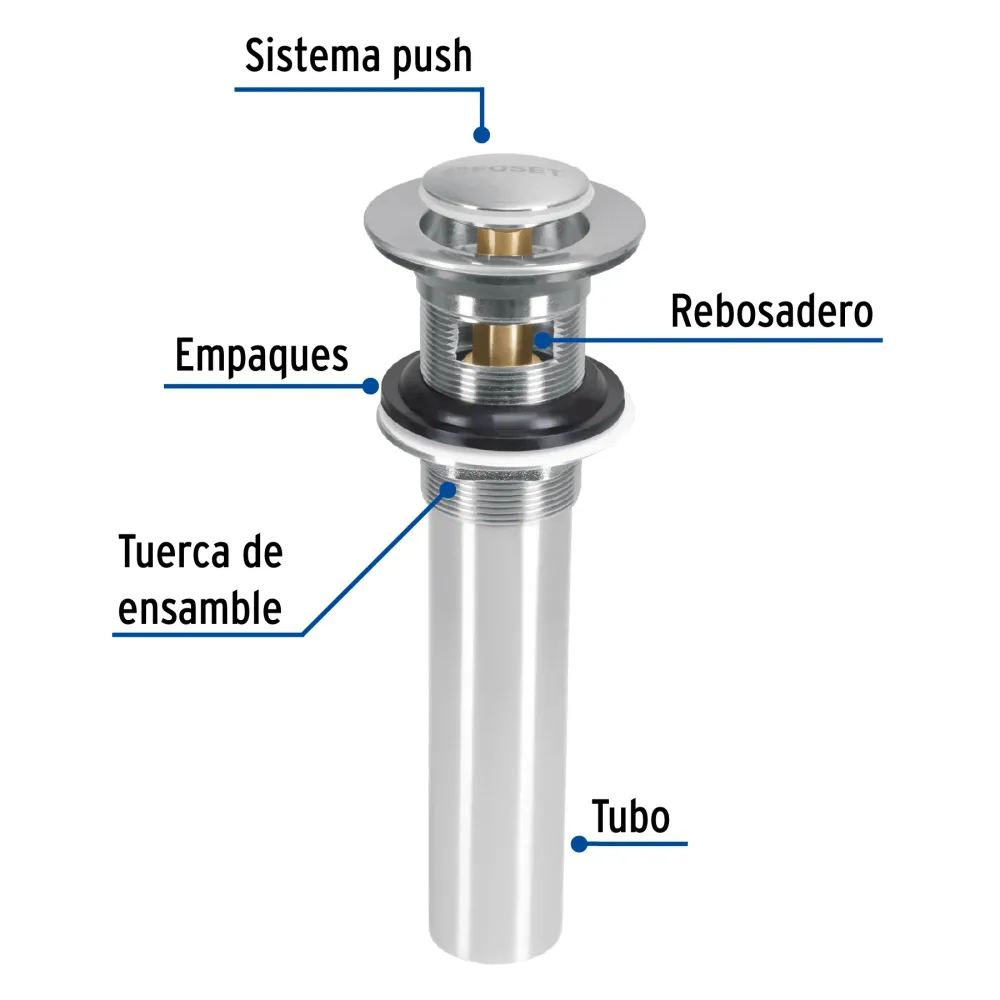 Contra p/lavabo con rebosadero, sistema push, satín, 1-1/4' 45283 Foset