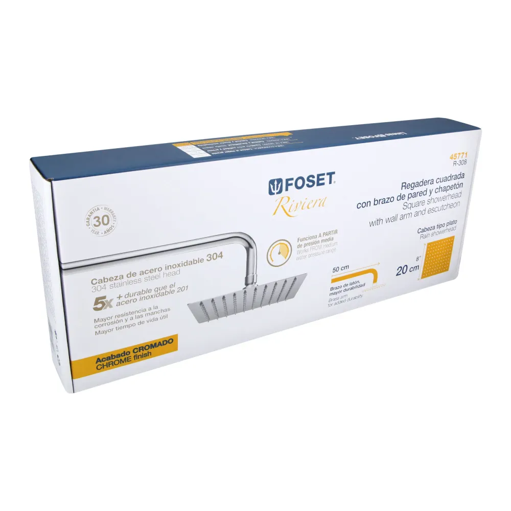 Foset R-308 Regadera acero inoxidable, 8', con brazo, cromado, Riviera