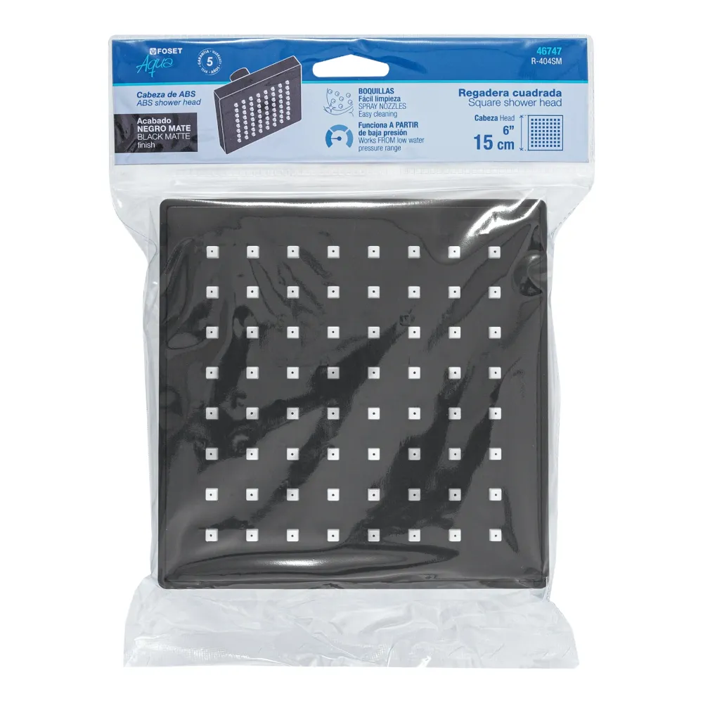 Foset R-404SM Regadera cuadrada ABS 6' acabado negro mate sin brazo