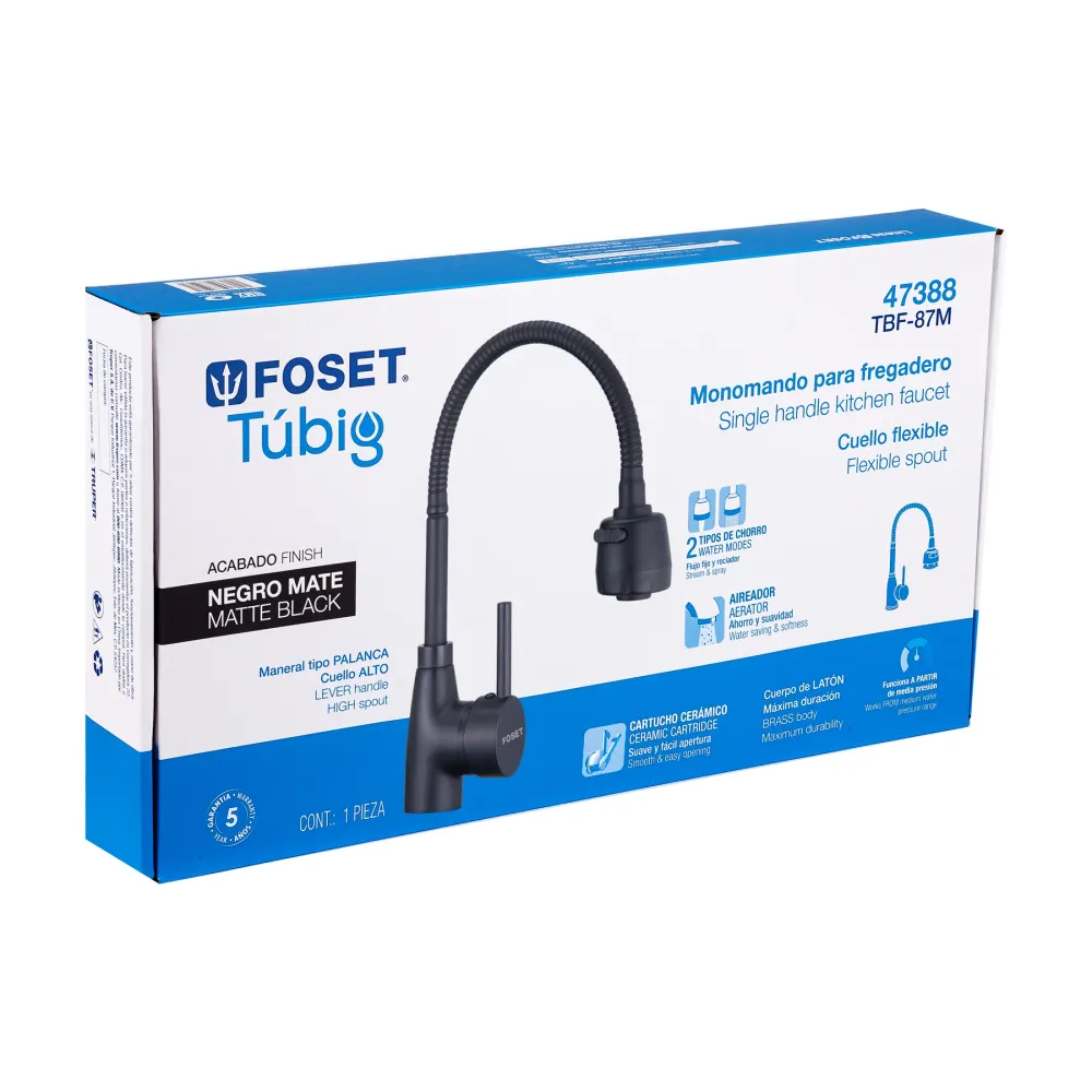 Monomando para fregadero con cuello flexible, negro, Tubig Foset
