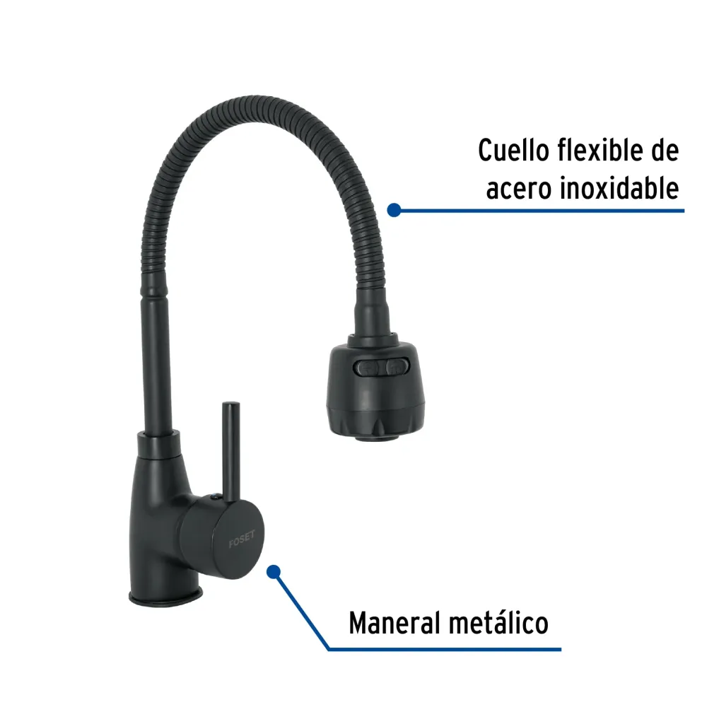 Monomando para fregadero con cuello flexible, negro, Tubig Foset