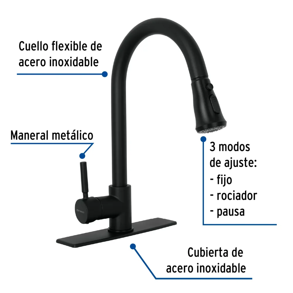 Monomando para fregadero,cuello extraible,negro mate,Tubig Foset
