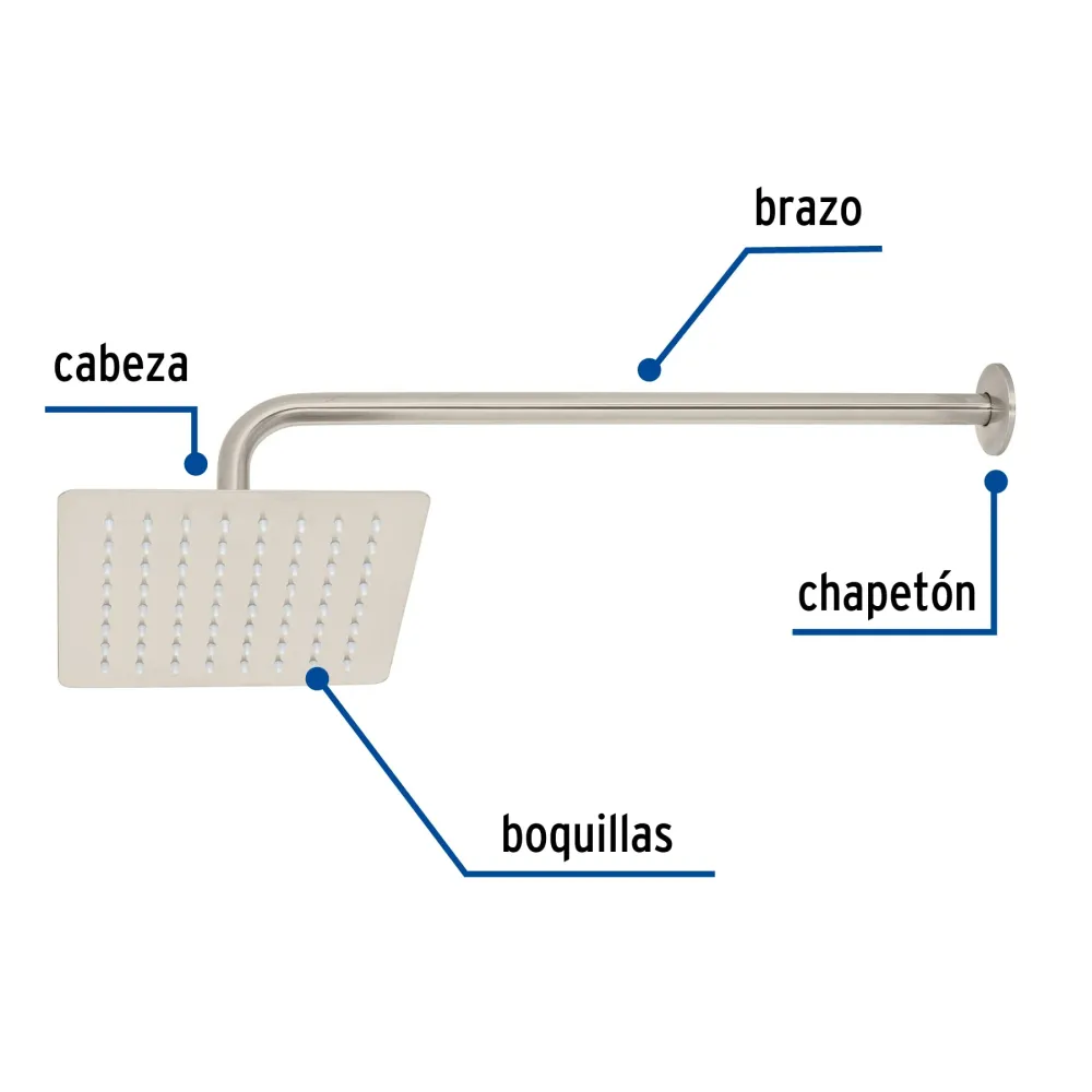 Regadera cuadrada 8", acero inoxidable con brazo, satín, Túbig Foset