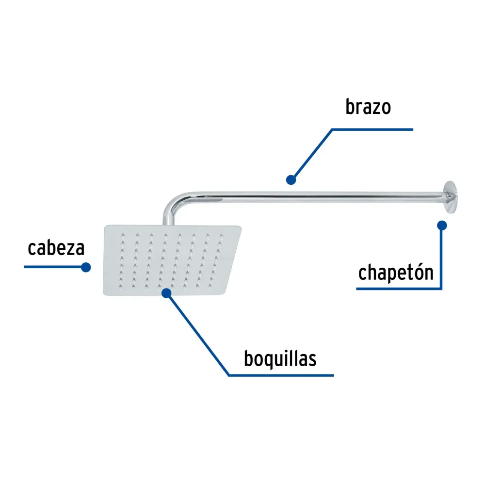 Regadera cuadrada 8", acero inoxidable con brazo, cromo, Túbig Foset