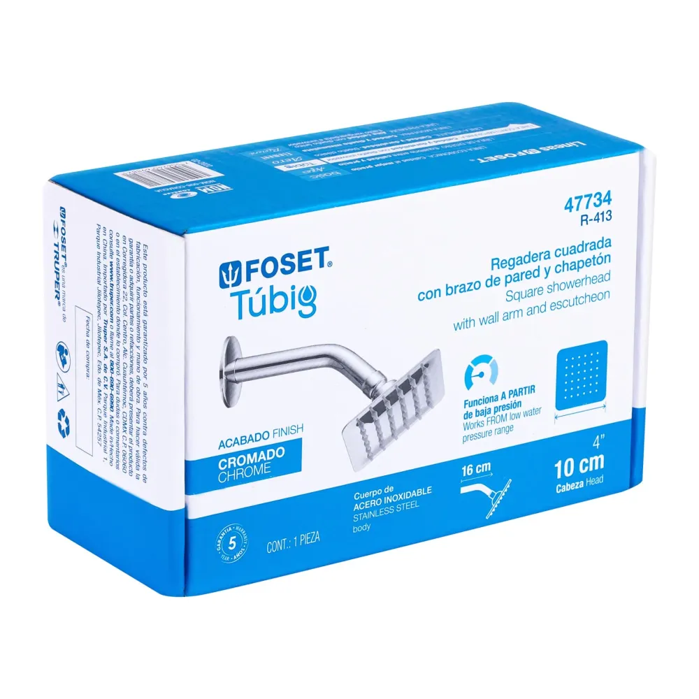 Regadera cuadrada 4", acero inoxidable con brazo, cromo, Túbig Foset