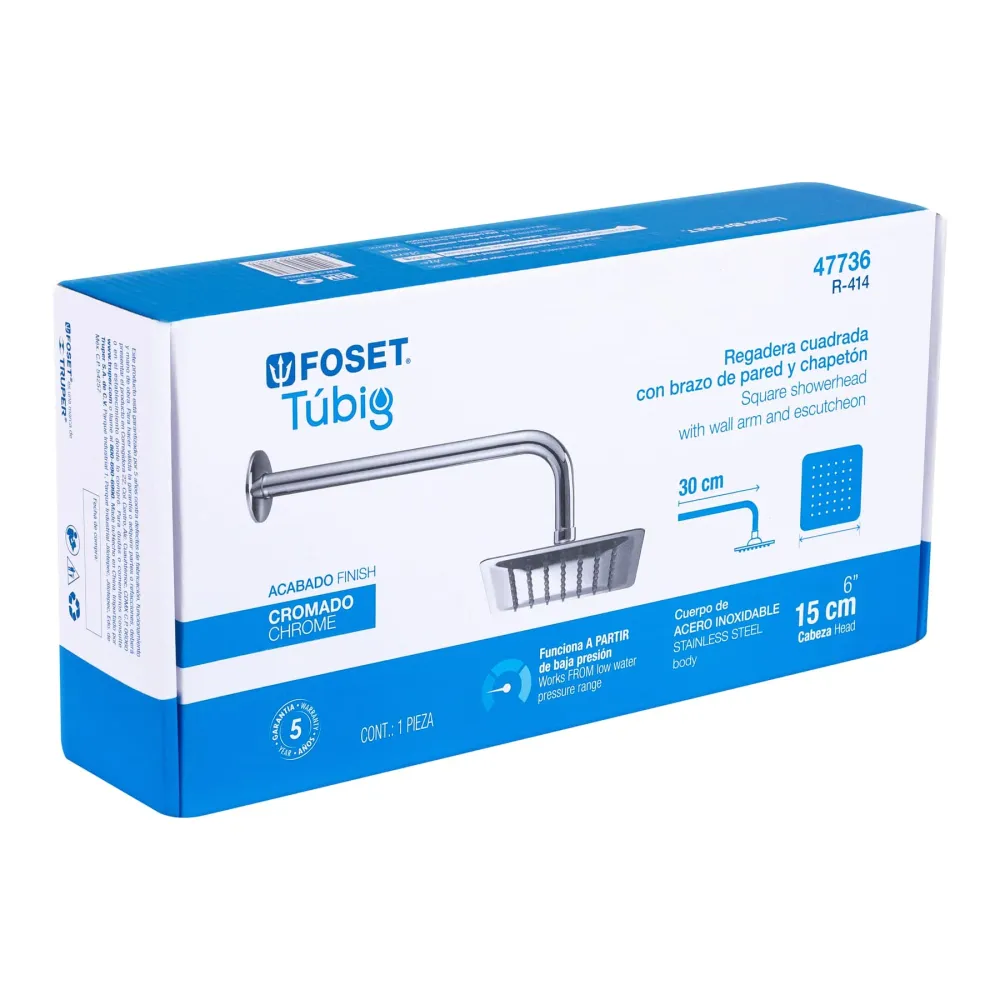 Regadera cuadrada 6", acero inoxidable con brazo, cromo, Túbig Foset