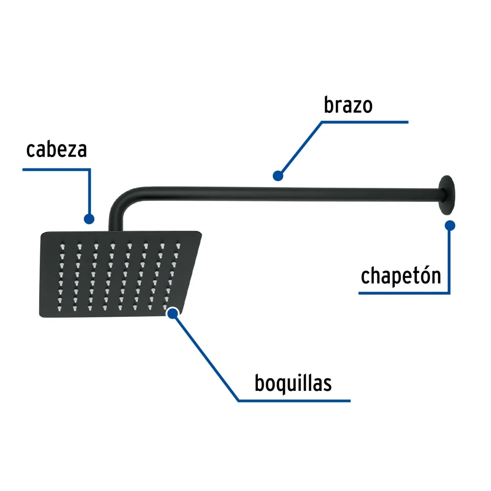 Regadera cuadrada 8", acero inoxidable con brazo, negro, Túbig Foset