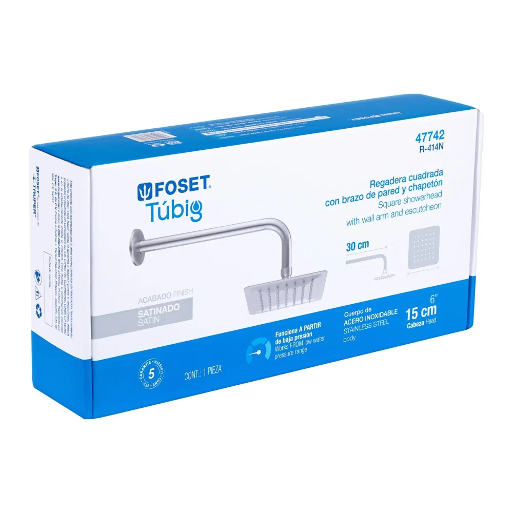 Regadera cuadrada 6", acero inoxidable con brazo, satín, Túbig Foset