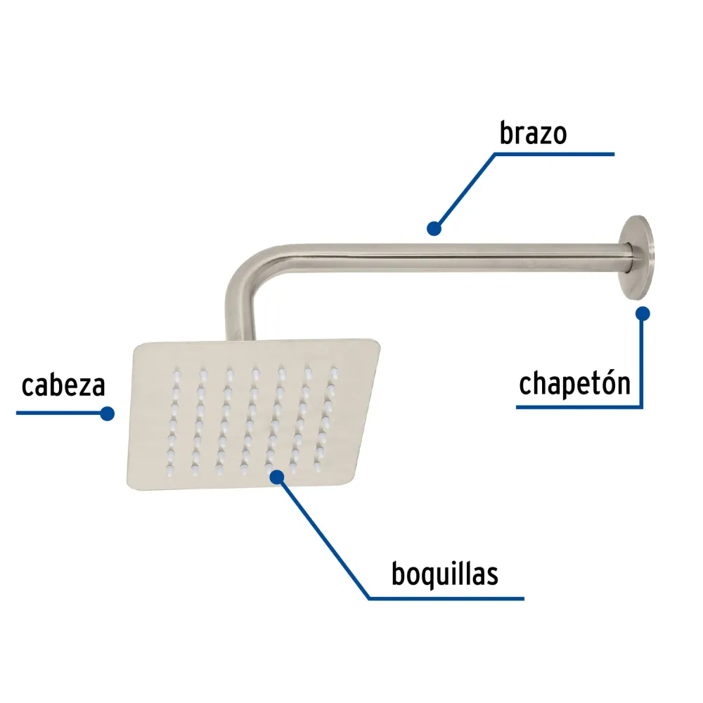 Regadera cuadrada 6", acero inoxidable con brazo, satín, Túbig Foset