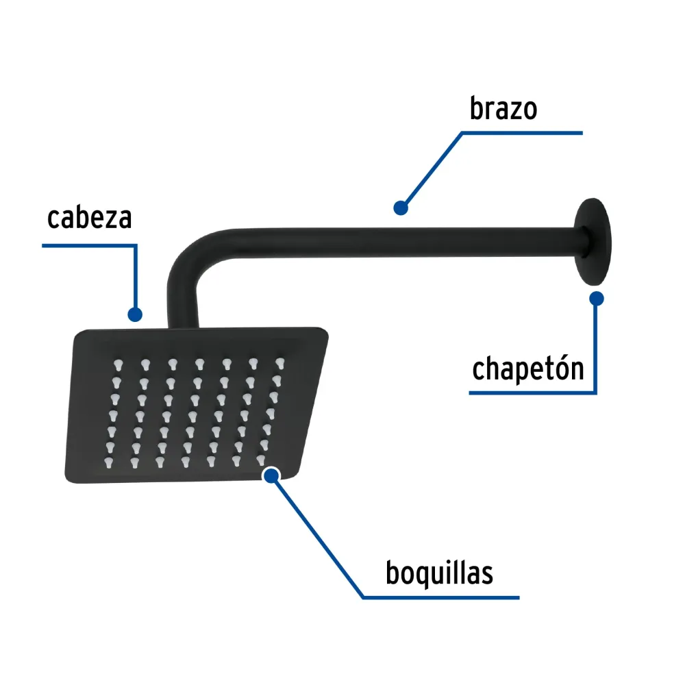 Regadera cuadrada 6", acero inoxidable con brazo, negro, Túbig Foset