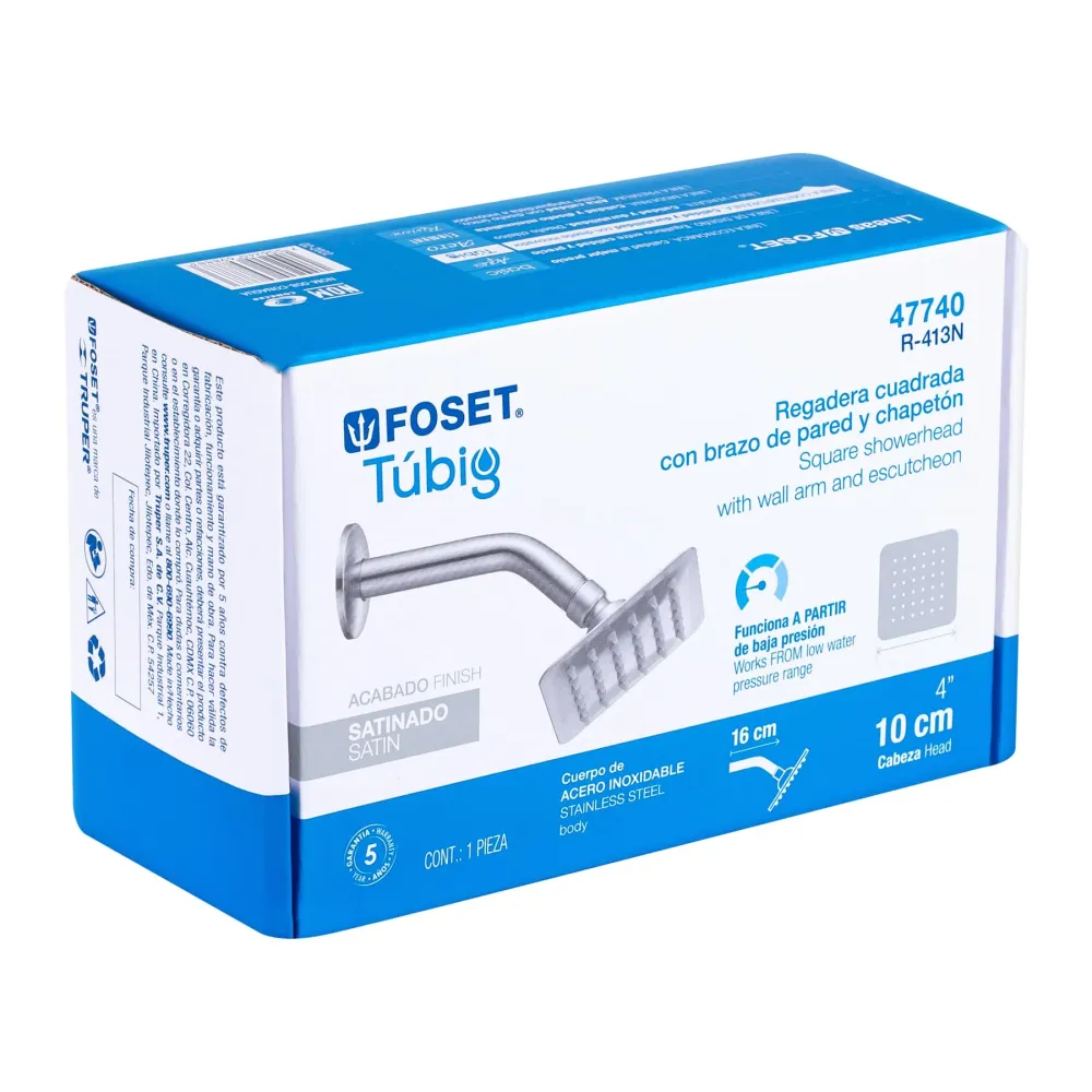 Regadera cuadrada 4", acero inoxidable con brazo, satín, Túbig Foset