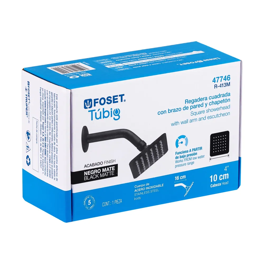 Regadera cuadrada 4", acero inoxidable con brazo, negro, Túbig Foset
