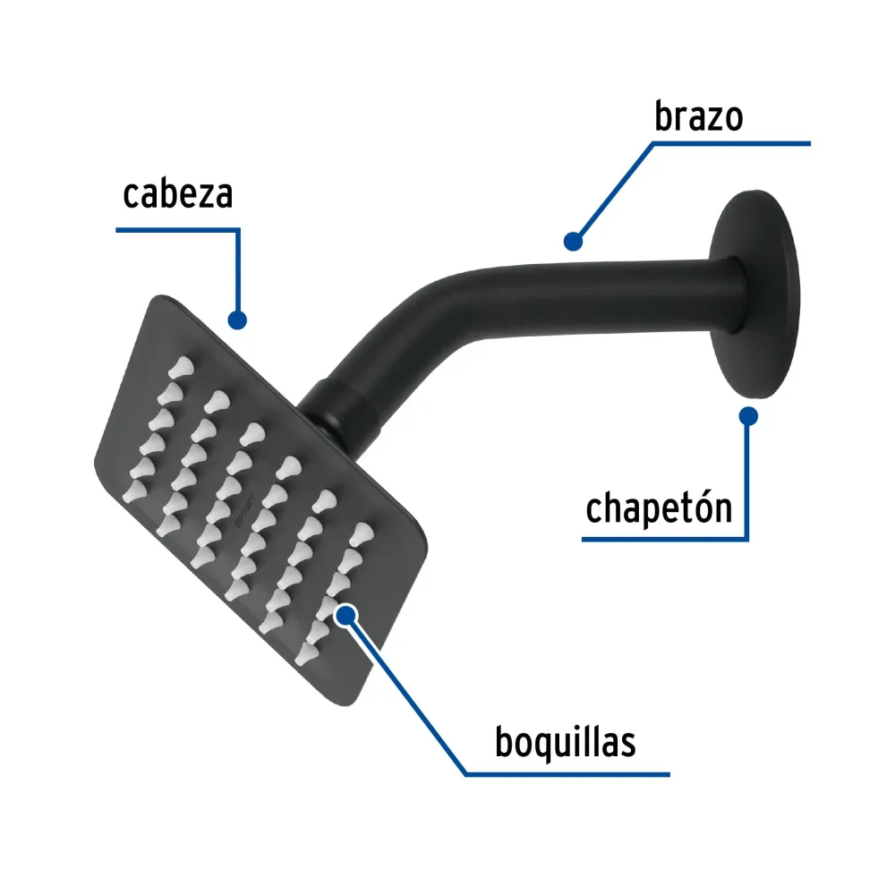 Regadera cuadrada 4", acero inoxidable con brazo, negro, Túbig Foset