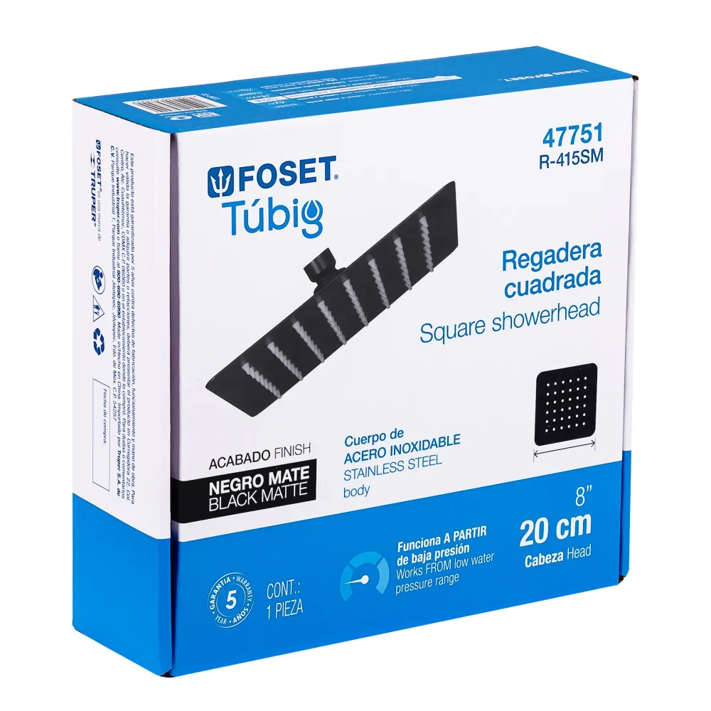 Regadera cuadrada 8", acero inoxidable sin brazo, negro, Túbig Foset