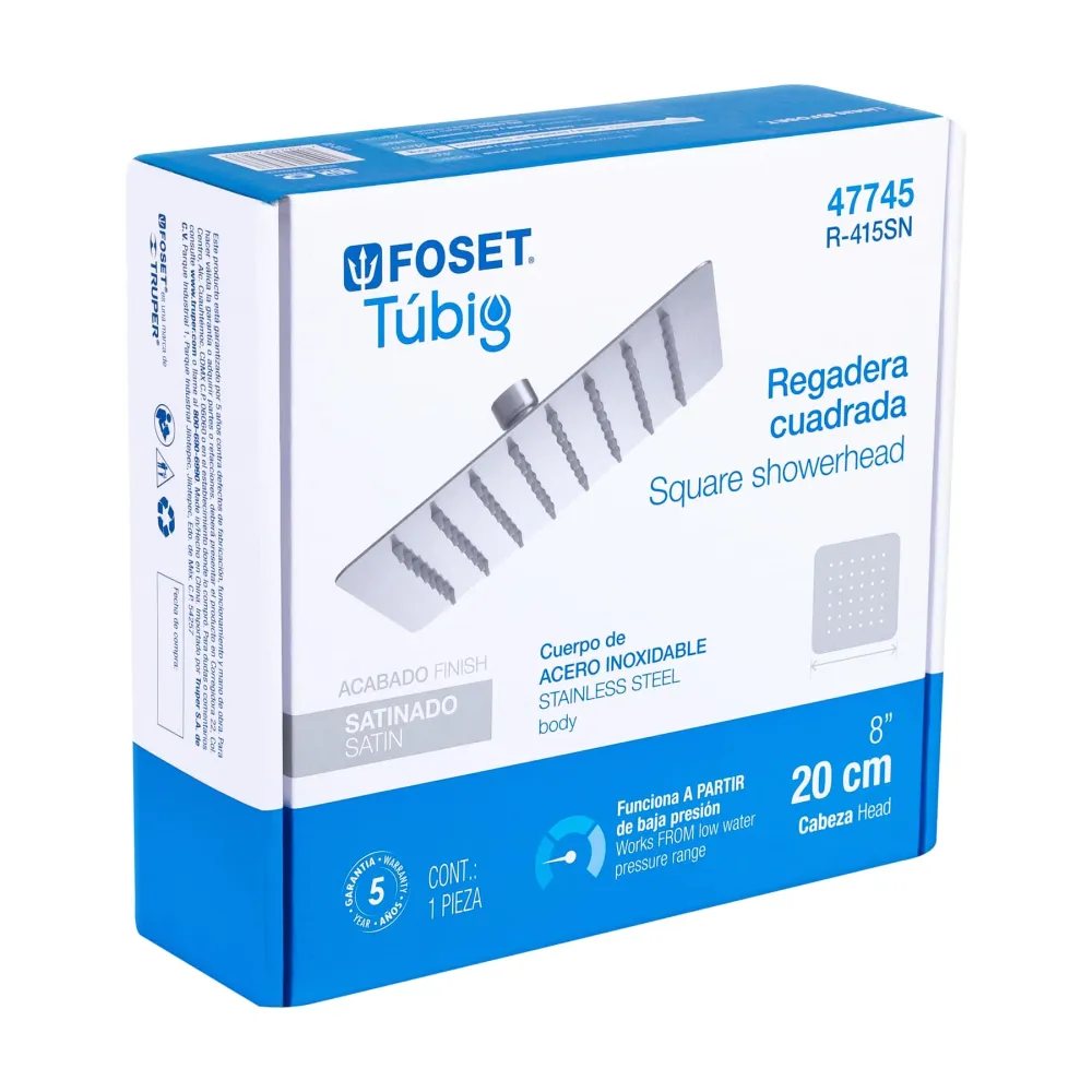 Regadera cuadrada 8", acero inoxidable sin brazo, satín, Túbig Foset