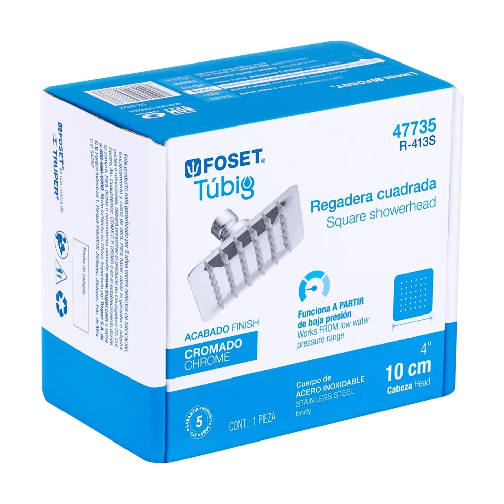 Regadera cuadrada 4", acero inoxidable sin brazo, cromo, Túbig Foset