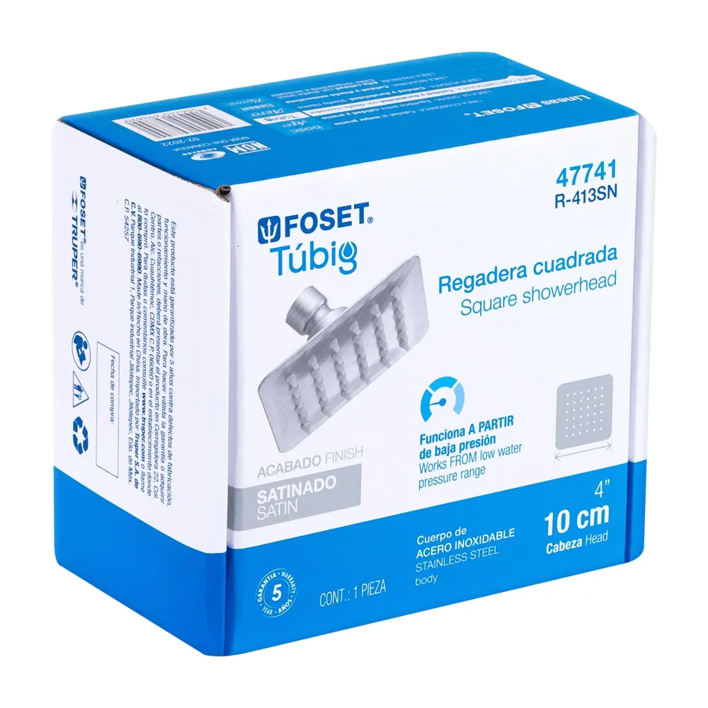 Regadera cuadrada 4", acero inoxidable sin brazo, satín, Túbig Foset