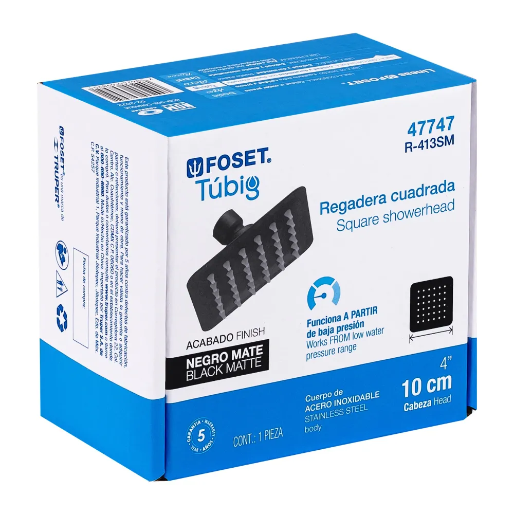 Regadera cuadrada 4", acero inoxidable sin brazo, negro, Tubig Foset