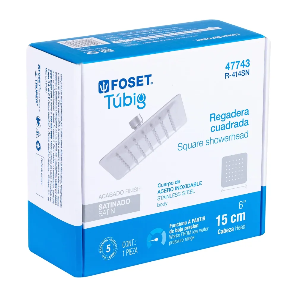Regadera cuadrada 6", acero inoxidable sin brazo, satín, Túbig Foset