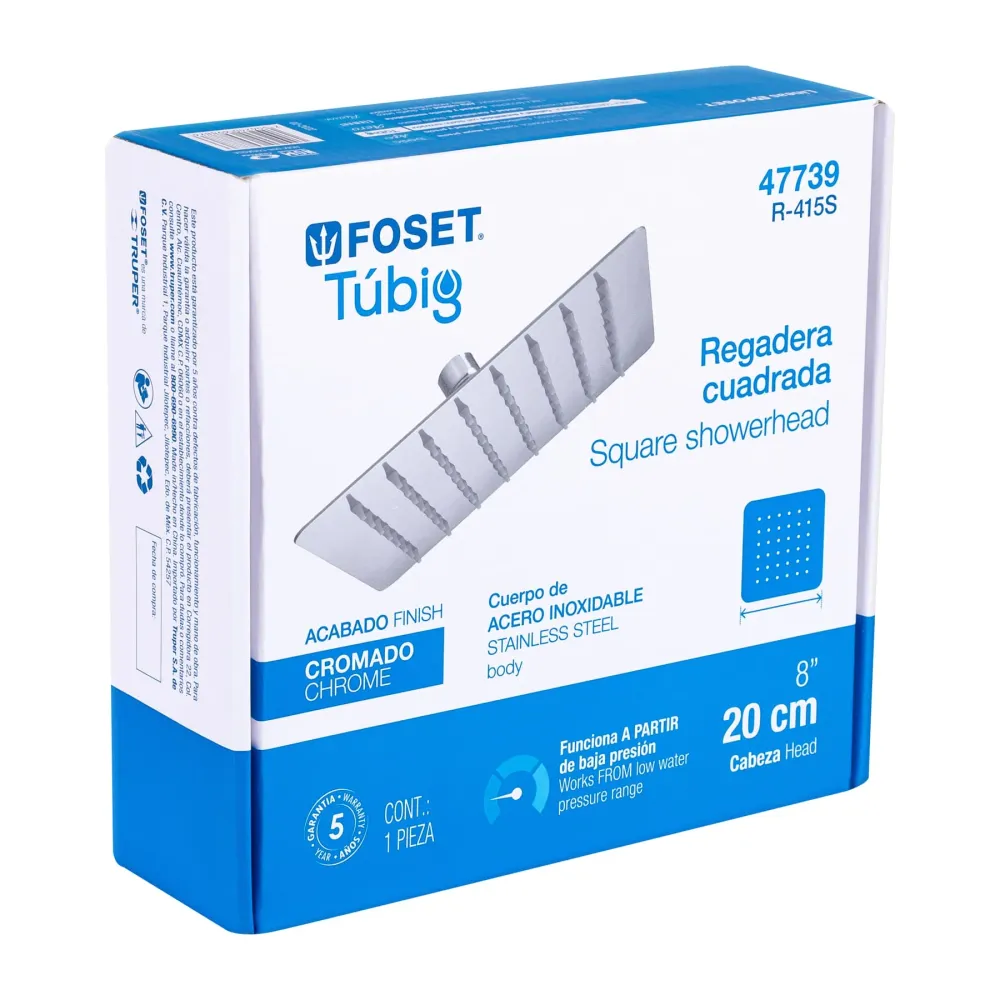 Regadera cuadrada 8", acero inoxidable sin brazo, cromo, Túbig Foset