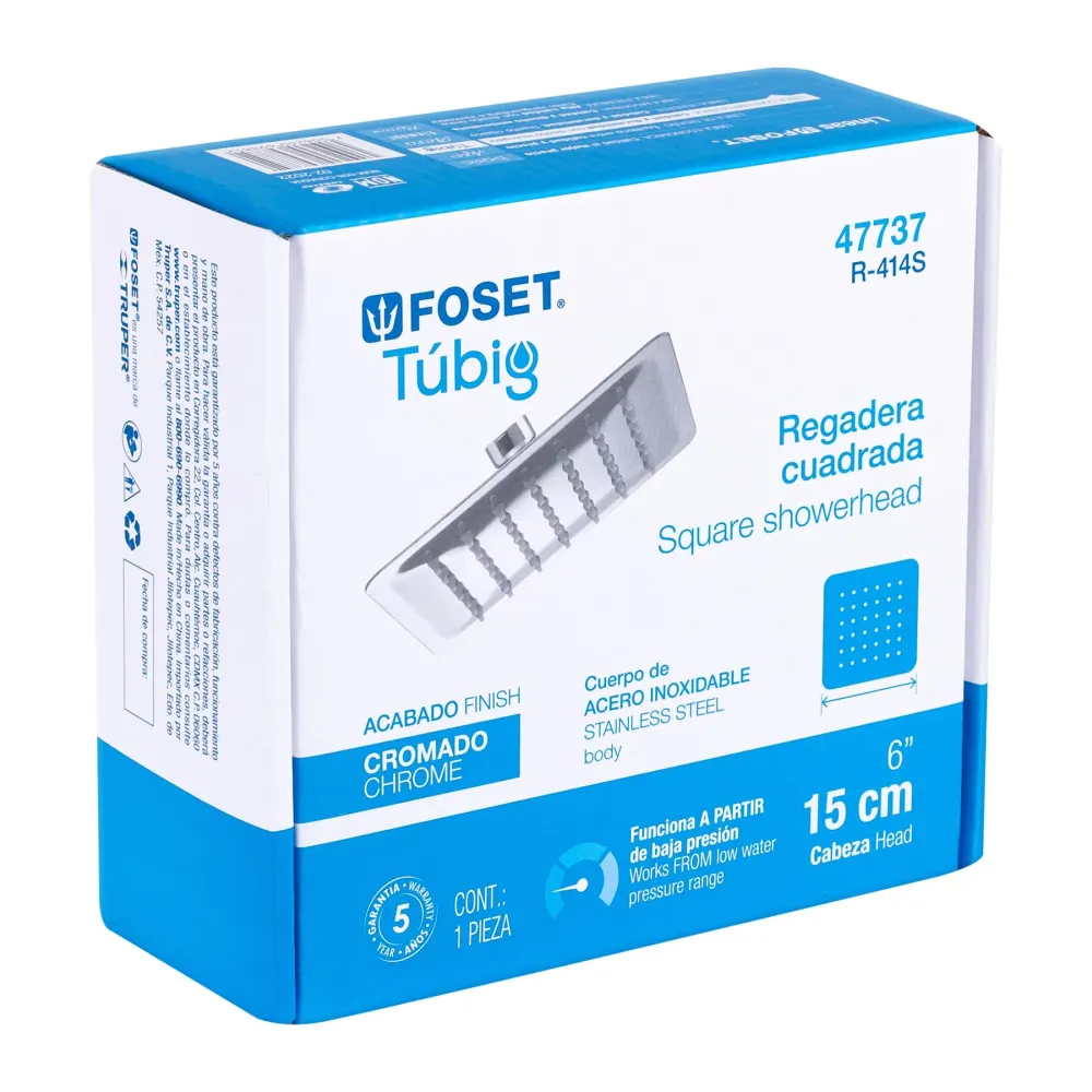 Regadera cuadrada 6", acero inoxidable sin brazo, cromo, Túbig Foset